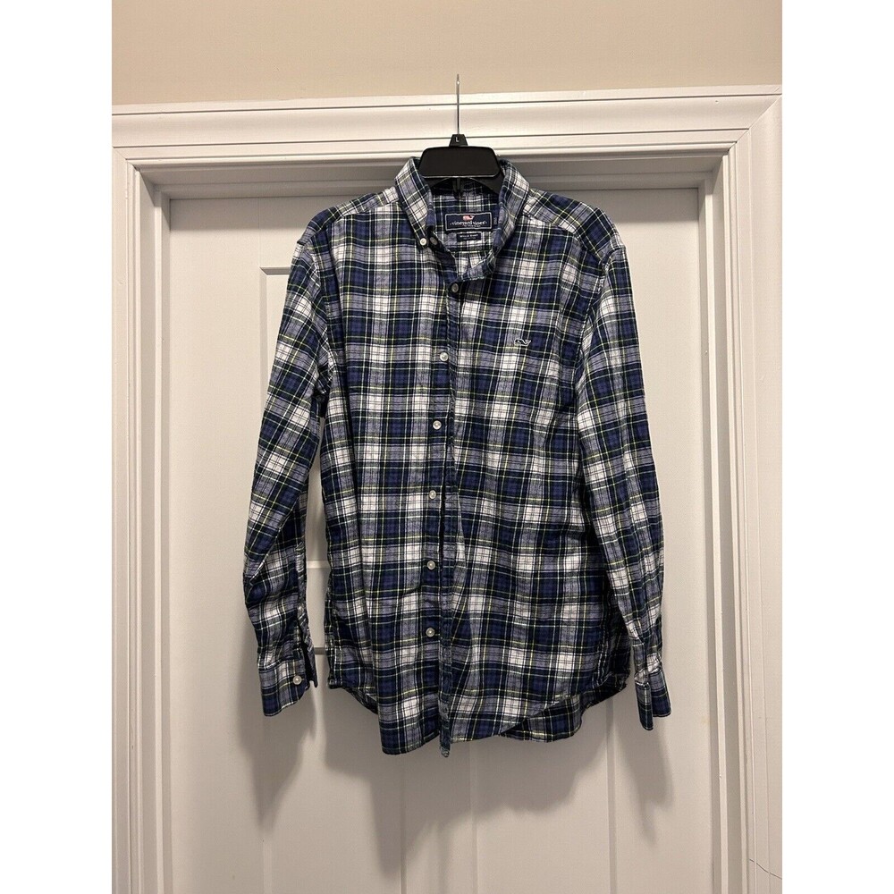 Vineyard Vines Flannel Mens Large Blue Plaid Slim Fit Whale Shirt EUC